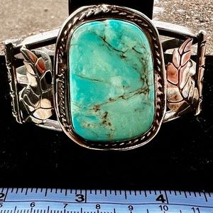 Vintage Navajo Sterling Silver Bracelet. One Large Turquoise Stone.